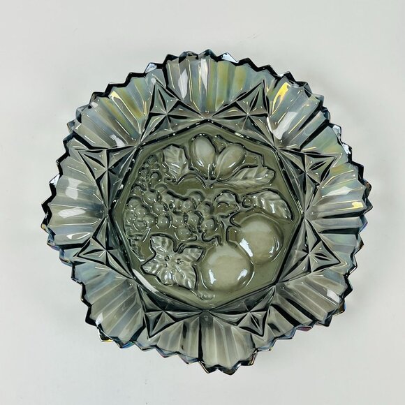 Vintage Carnival Glass Fruit Bowl Iridescent Clear Gray Scalloped Diamond Rim - Picture 2 of 10